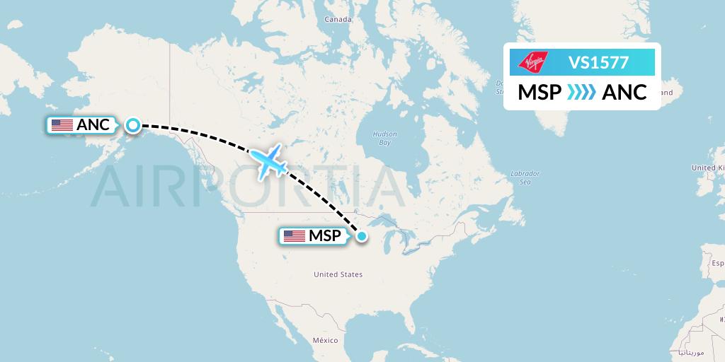VS1577 Virgin Atlantic Airways Flight Map: Minneapolis to Anchorage