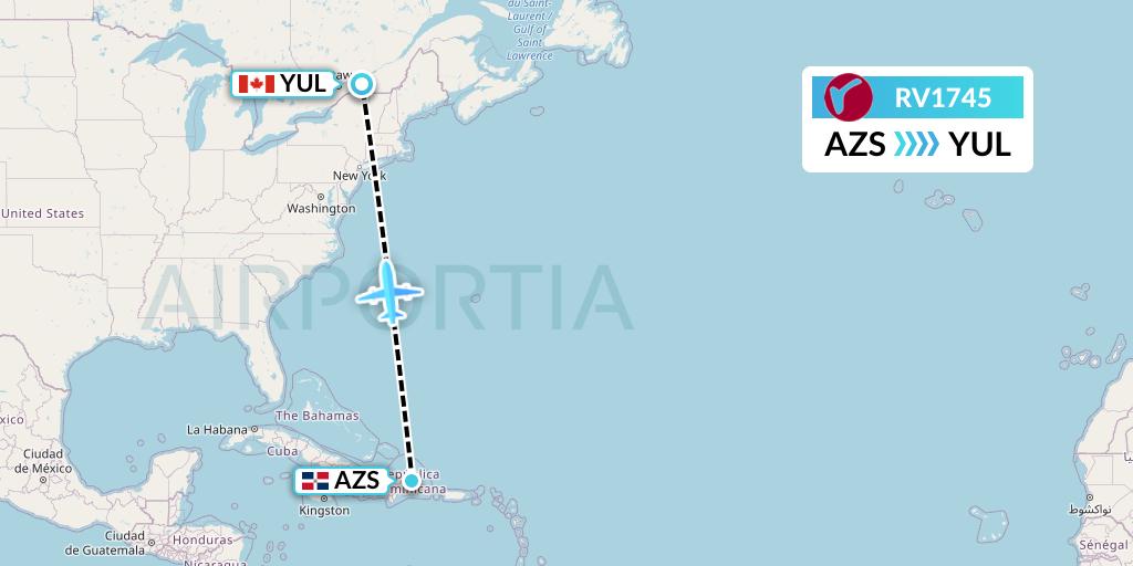 RV1745 Air Canada Rouge Flight Map: Samana to Montreal