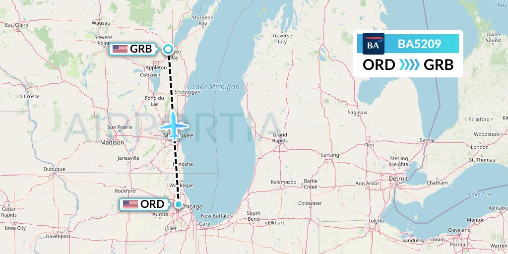 BA5209 British Airways Flight Map: Chicago to Green Bay