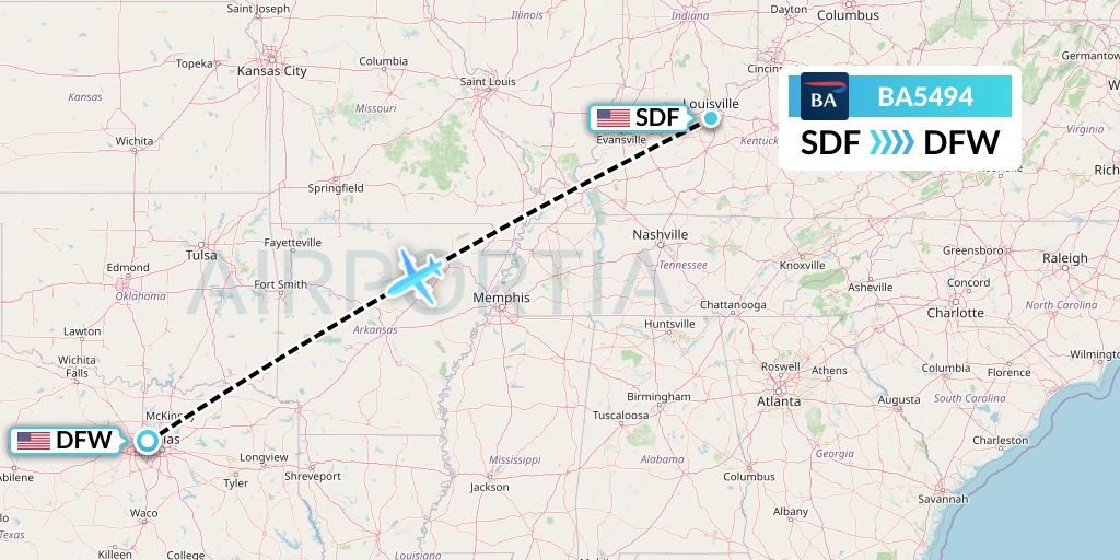 BA5494 British Airways Flight Map: Louisville to Dallas