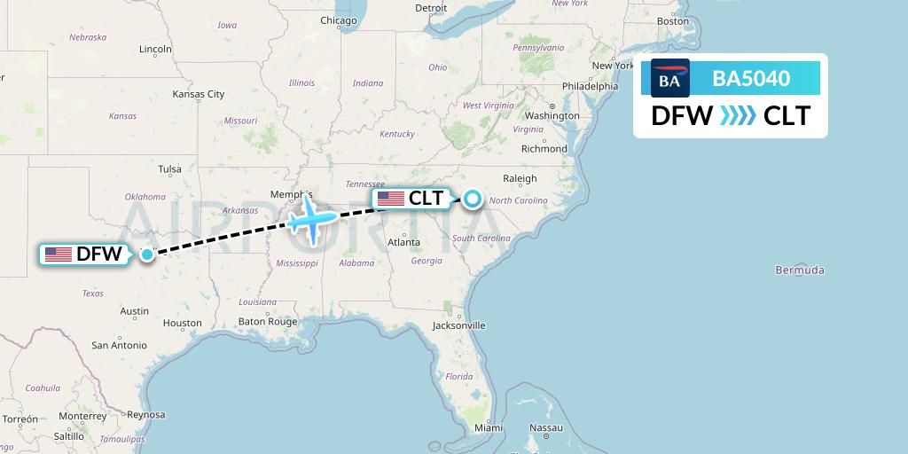 BA5040 British Airways Flight Map: Dallas to Charlotte