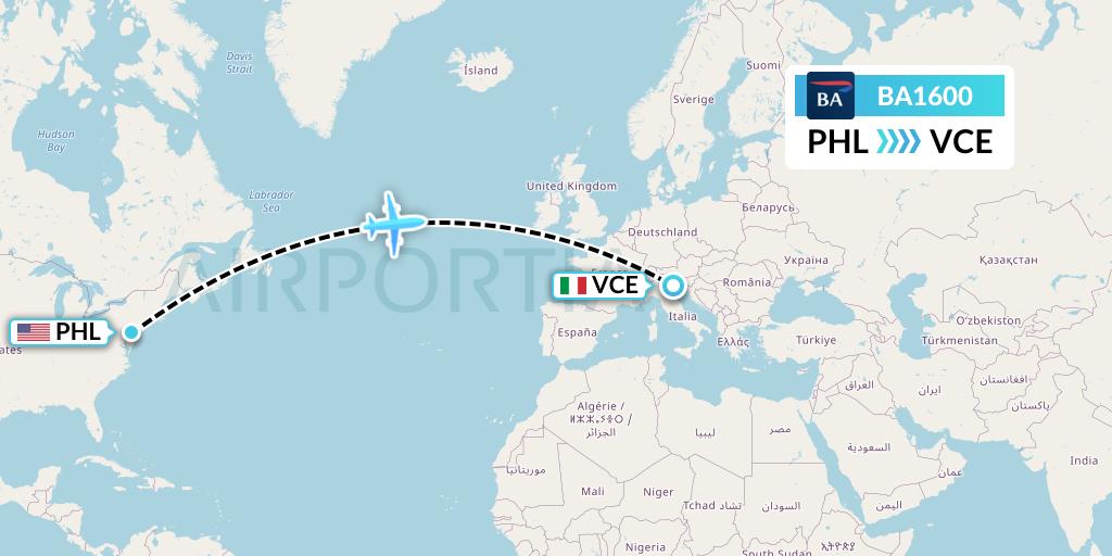 BA1600 British Airways Flight Map: Philadelphia to Venice