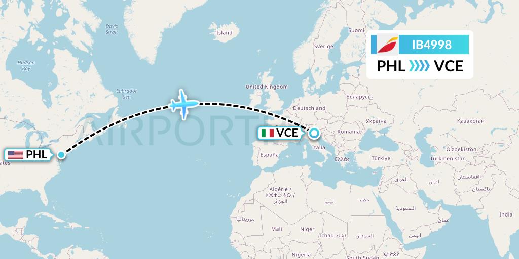 IB4998 Iberia Flight Map: Philadelphia to Venice