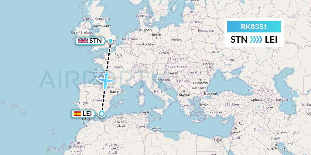 RK8351 Ryanair UK Flight Map: London to Almeria