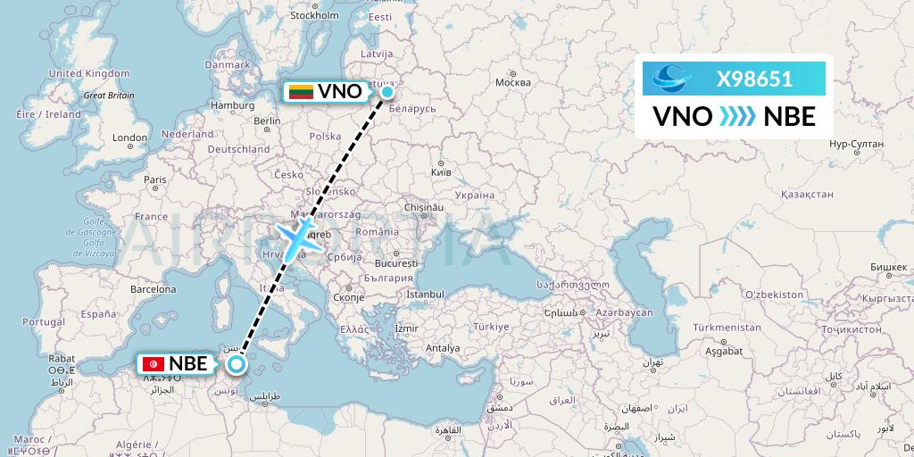 X98651 Avion Express Flight Map: Vilnius to Enfidha