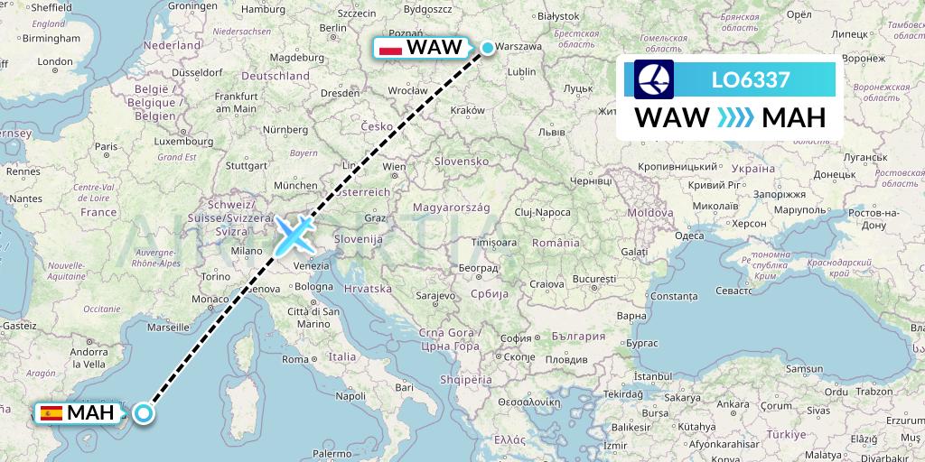 LO6337 LOT Flight Map: Warsaw to Mahon
