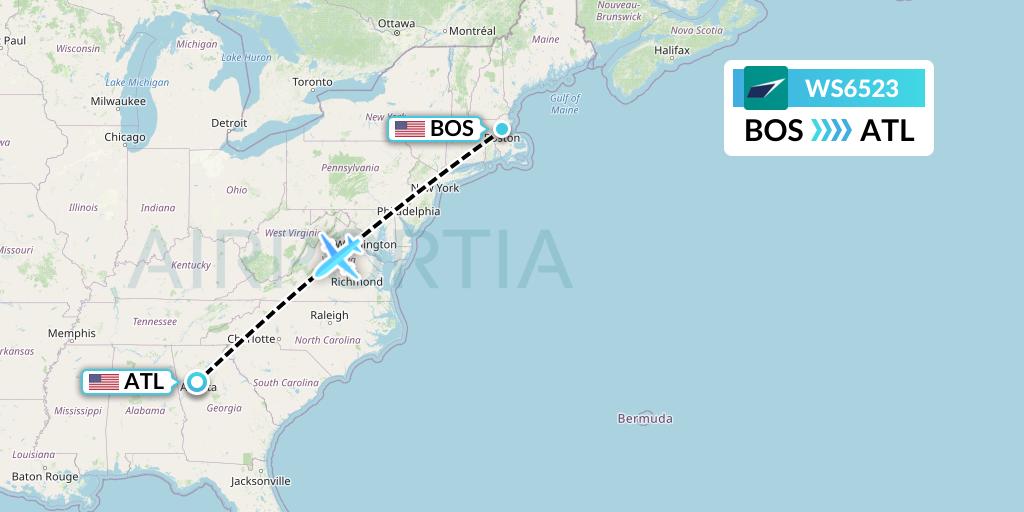 WS6523 WestJet Flight Map: Boston to Atlanta