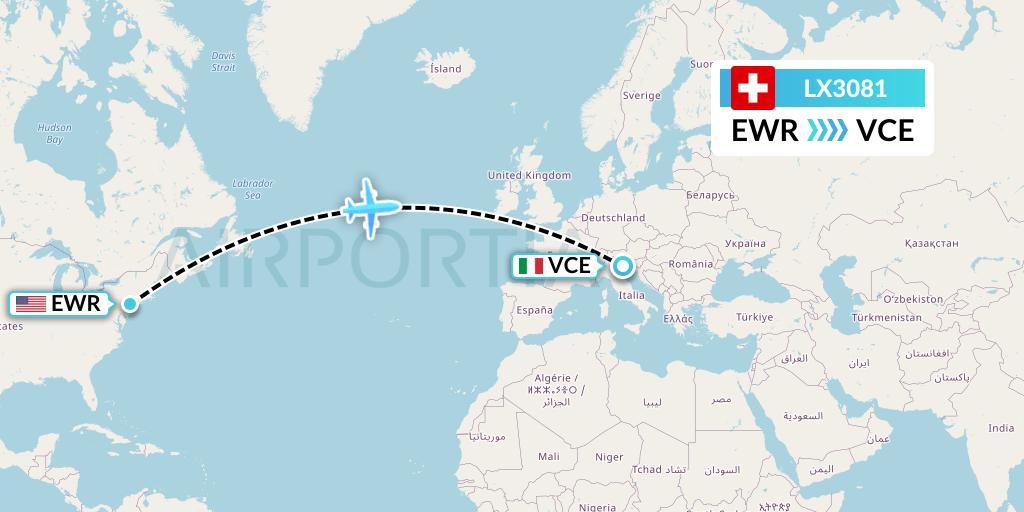 LX3081 Swiss Flight Map: New York to Venice