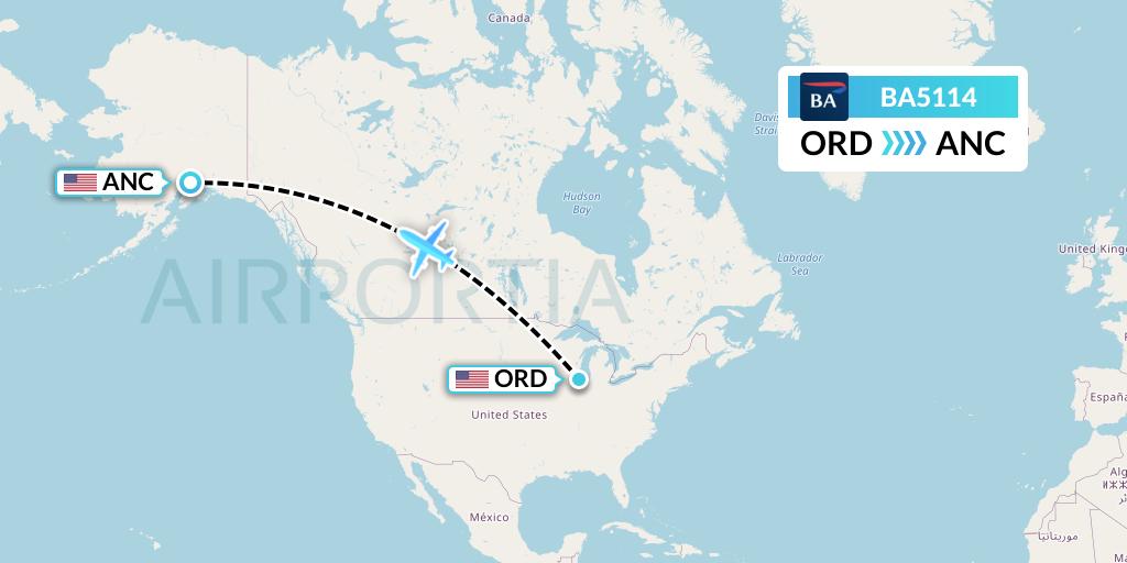 BA5114 British Airways Flight Map: Chicago to Anchorage