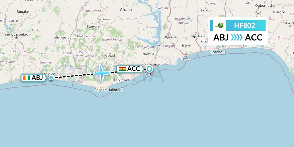 HF802 Air Cote d'Ivoire Flight Map: Abidjan to Accra