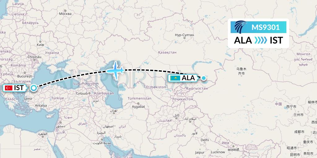 MS9301 EgyptAir Flight Map: Almaty to Istanbul