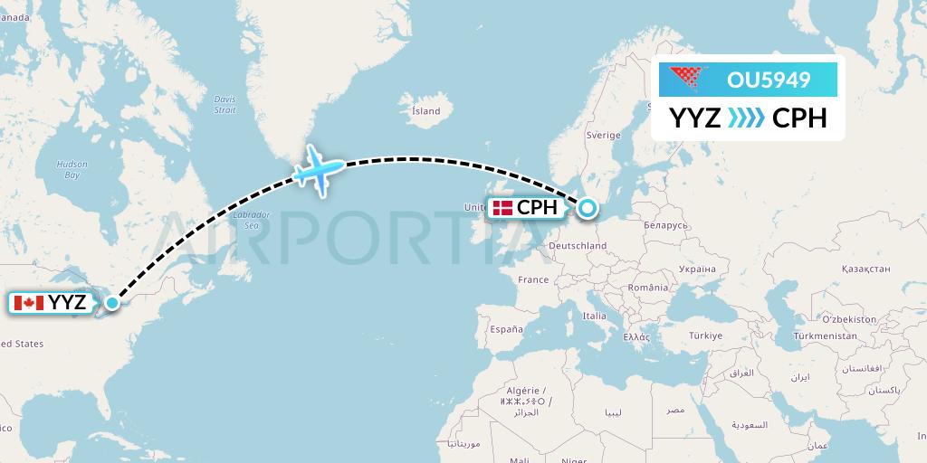 OU5949 Croatia Airlines Flight Map: Toronto to Copenhagen