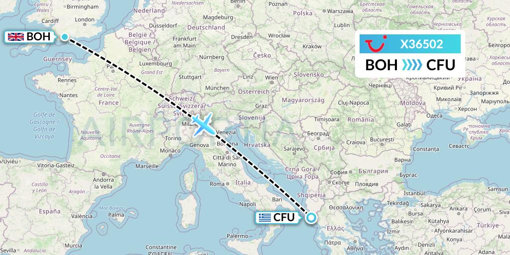 X36502 TUI fly Germany Flight Map: Bournemouth to Corfu