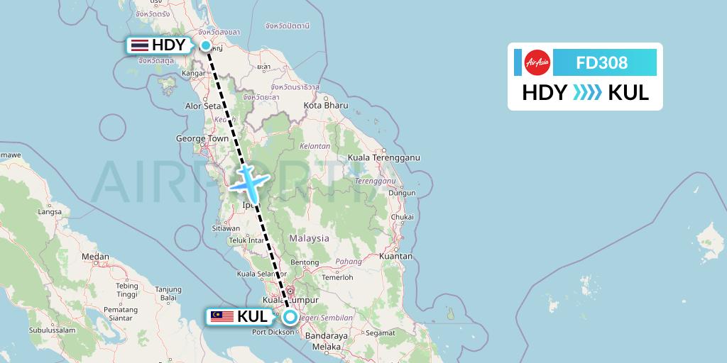 FD308 Thai AirAsia Flight Map: Hat Yai to Kuala Lumpur