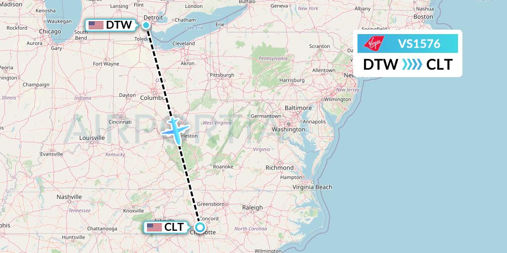 VS1576 Virgin Atlantic Airways Flight Map: Detroit to Charlotte