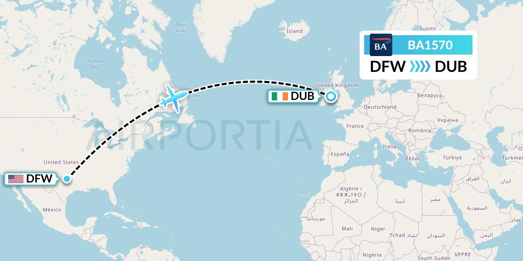 BA1570 British Airways Flight Map: Dallas to Dublin