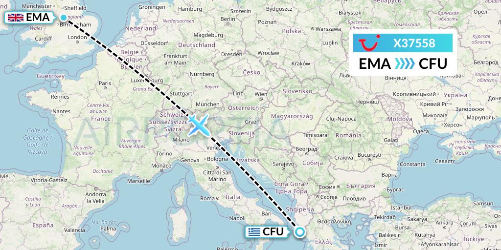 X37558 TUI fly Germany Flight Map: East Midlands to Corfu