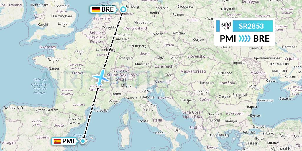 SR2853 SundAir Flight Map: Palma de Mallorca to Bremen