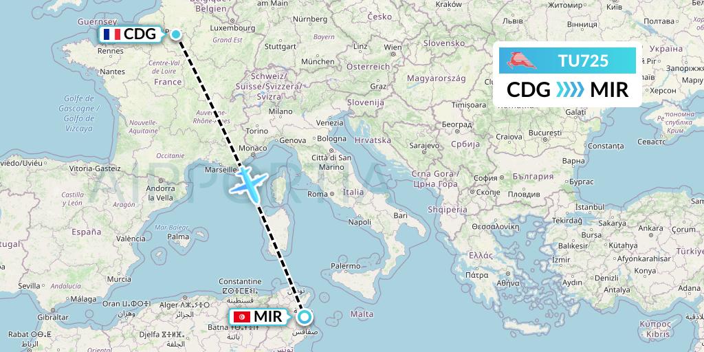 TU725 Tunisair Flight Map: Paris to Monastir