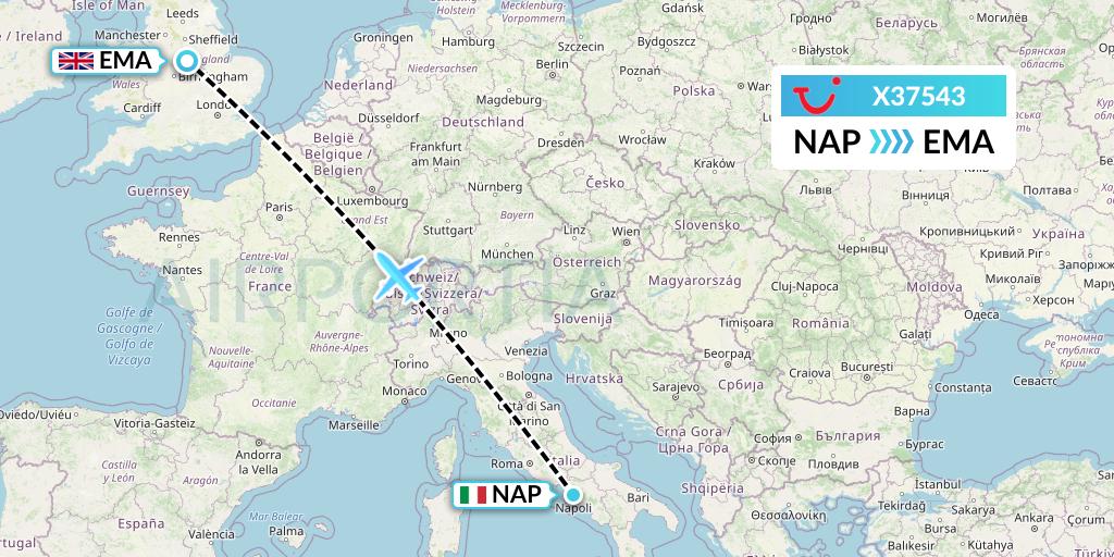 X37543 TUI fly Germany Flight Map: Naples to East Midlands