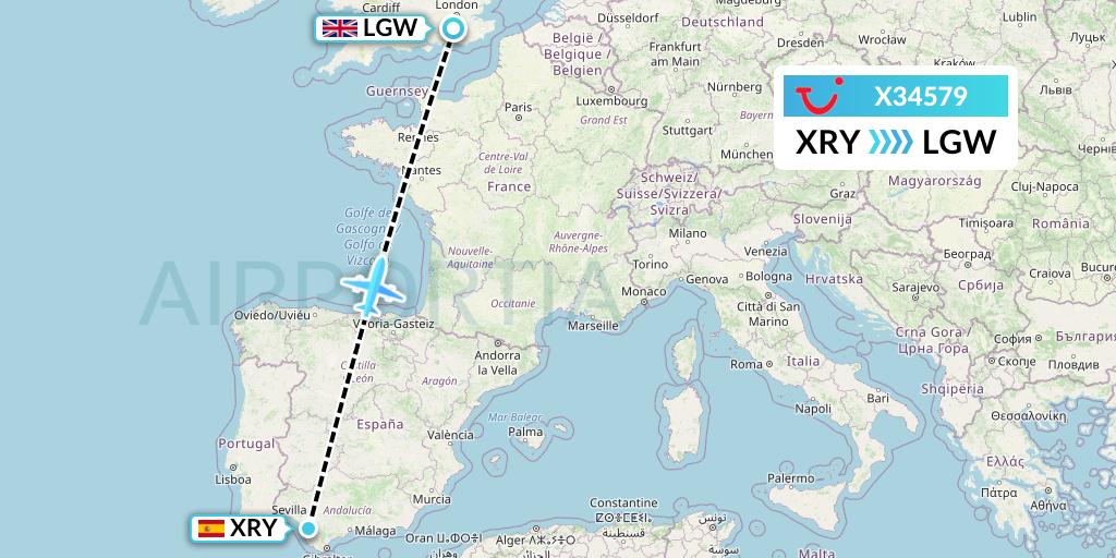 X34579 TUI fly Germany Flight Map: Jerez to London
