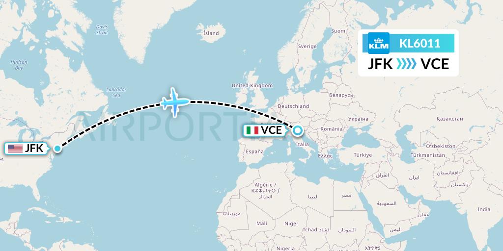 KL6011 KLM Flight Map: New York to Venice