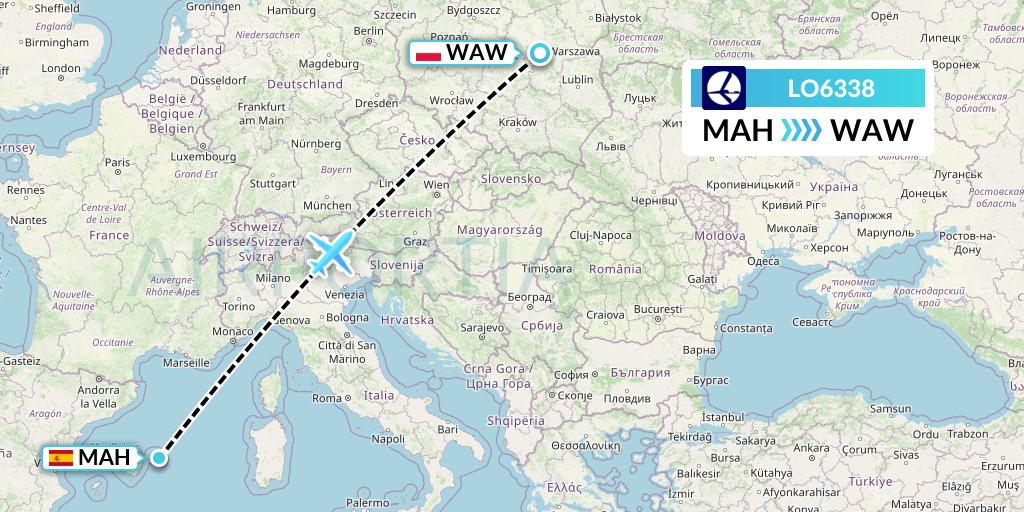 LO6338 LOT Flight Map: Mahon to Warsaw