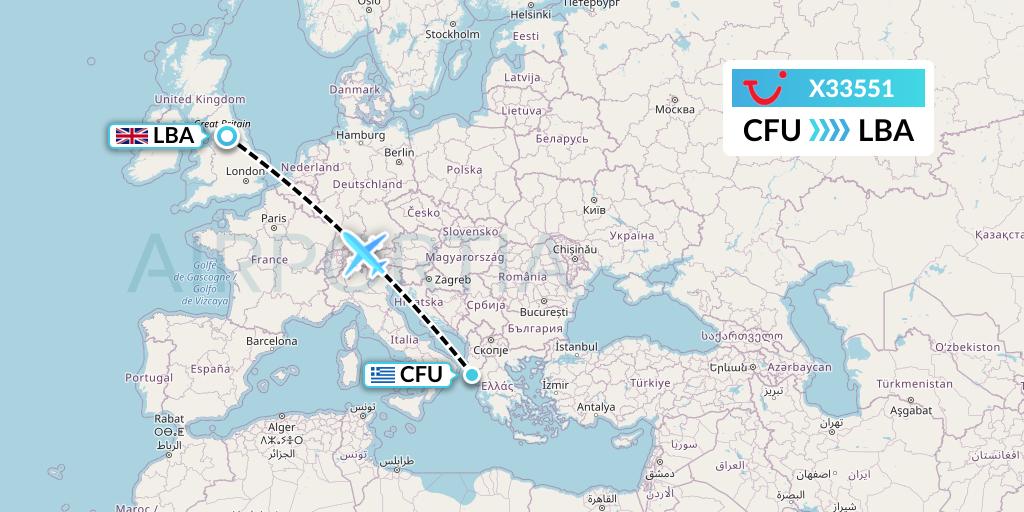 X33551 TUI fly Germany Flight Map: Corfu to Leeds