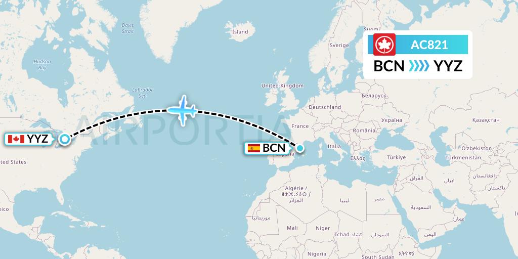 AC821 Air Canada Flight Map: Barcelona to Toronto
