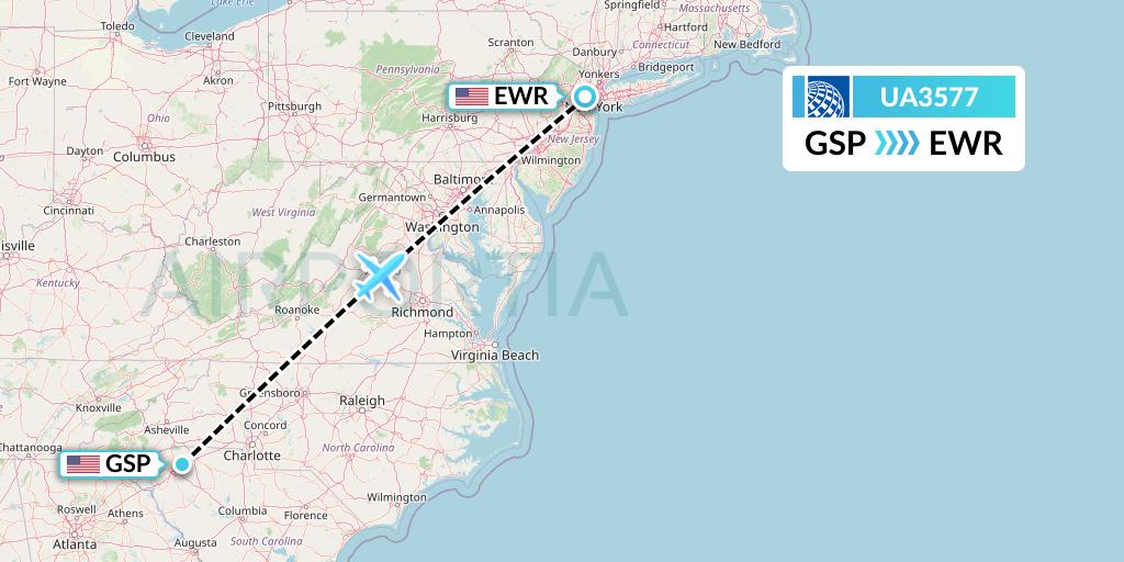 UA3577 United Airlines Flight Map: Greenville-Spartanburg to New York