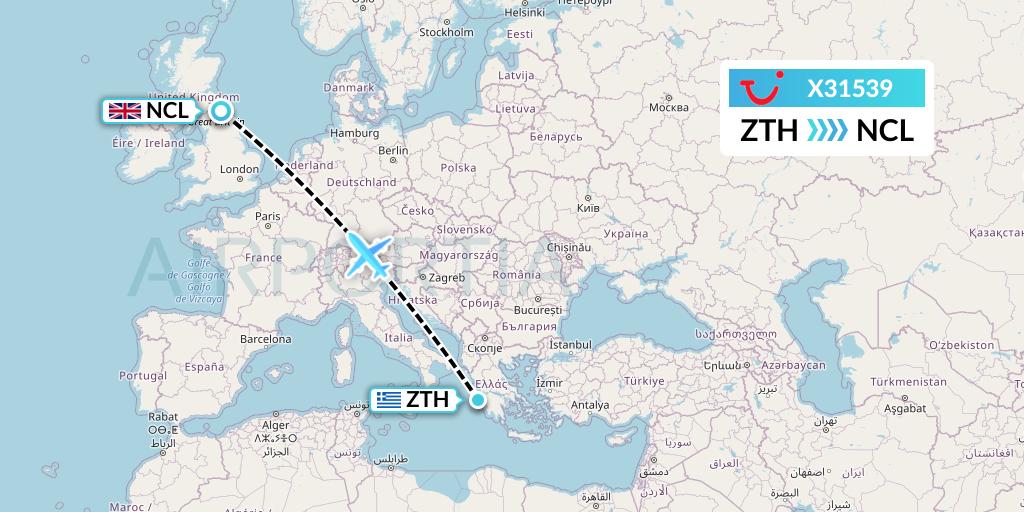 X31539 TUI fly Germany Flight Map: Zakynthos to Newcastle