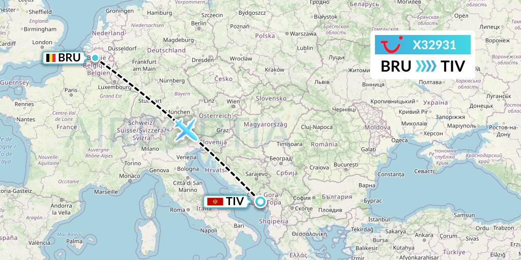 X32931 TUI fly Germany Flight Map: Brussels to Tivat