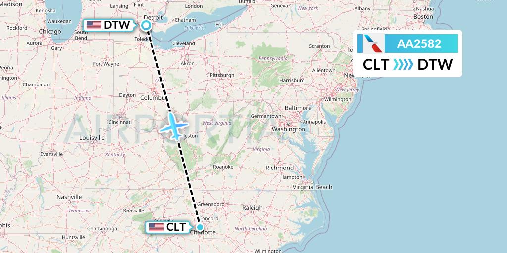 AA2582 American Airlines Flight Map: Charlotte to Detroit