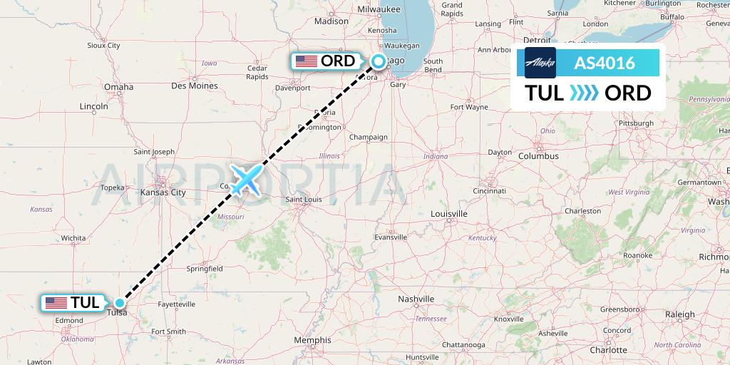 AS4016 Alaska Airlines Flight Map: Tulsa to Chicago