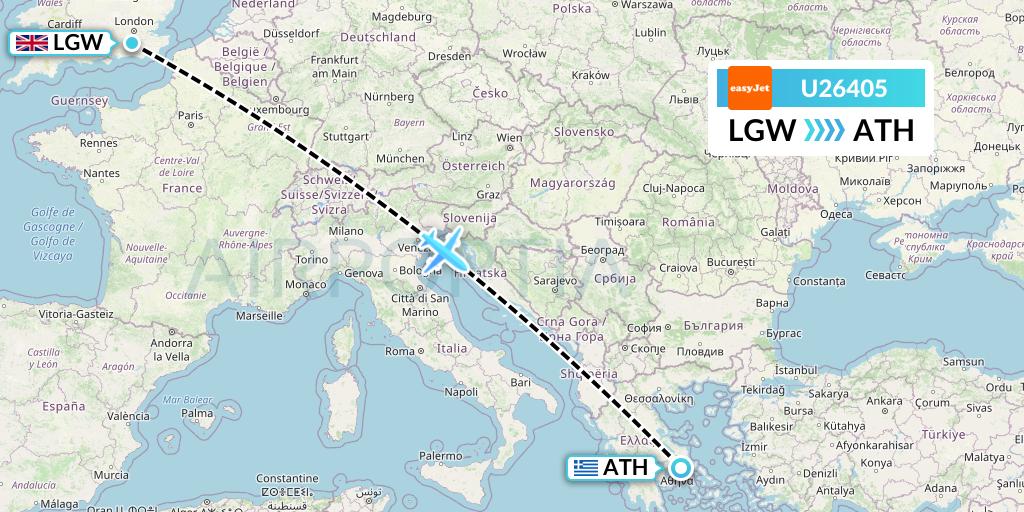 U26405 EasyJet Flight Map: London to Athens