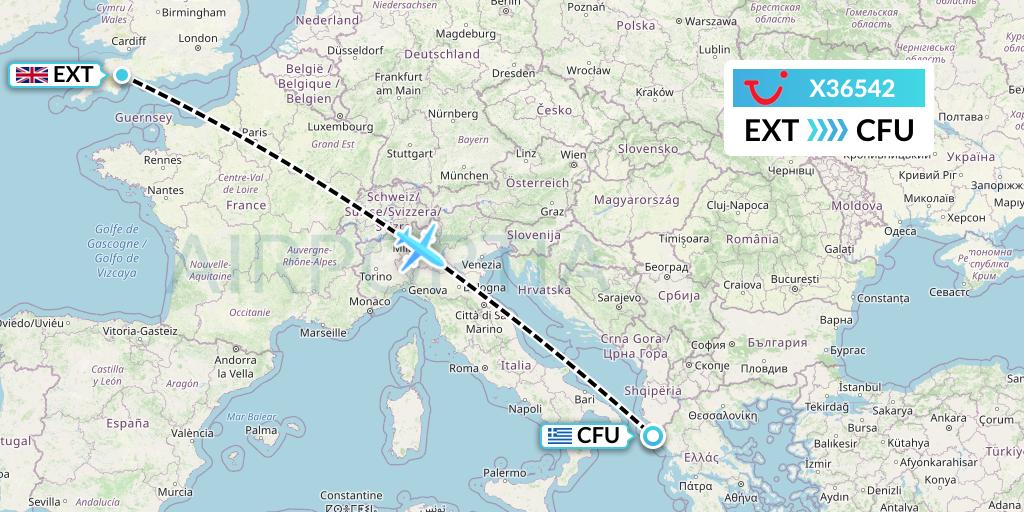 X36542 TUI fly Germany Flight Map: Exeter to Corfu