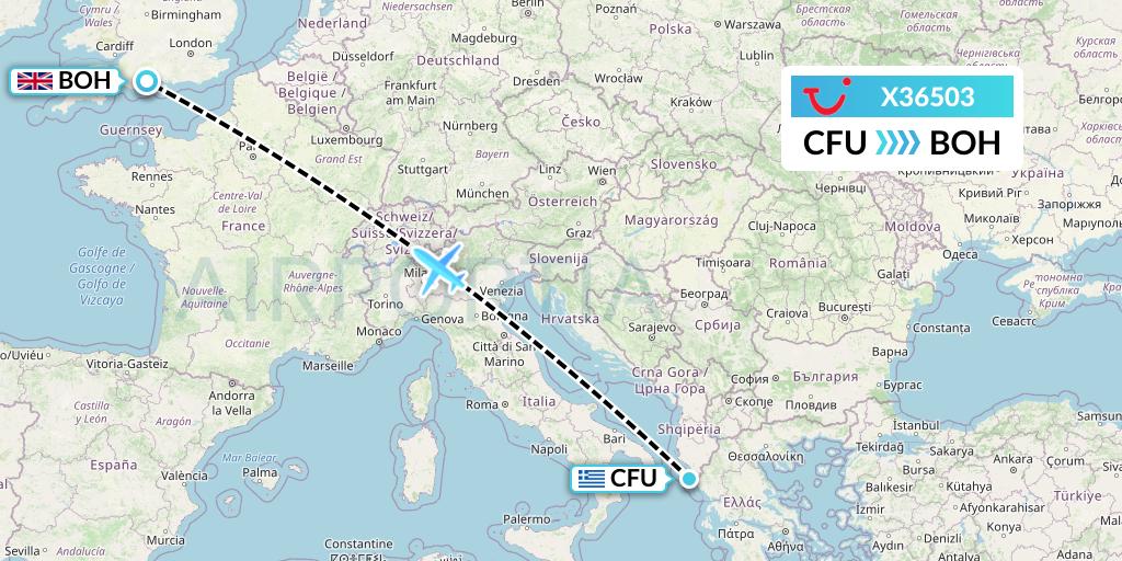 X36503 TUI fly Germany Flight Map: Corfu to Bournemouth
