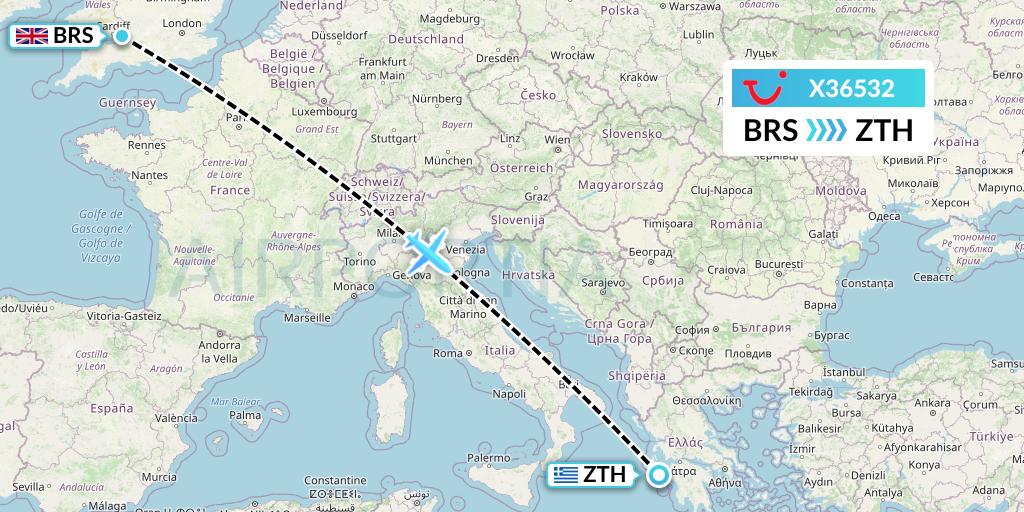 X36532 TUI fly Germany Flight Map: Bristol to Zakynthos