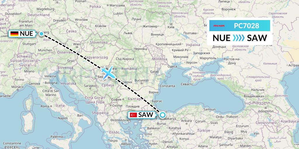 PC7028 Pegasus Airlines Flight Map: Nurnberg to Istanbul