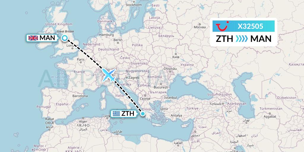 X32505 TUI fly Germany Flight Map: Zakynthos to Manchester