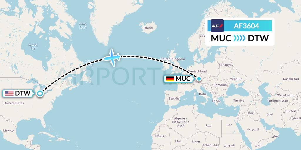 AF3604 Air France Flight Map: Munich to Detroit