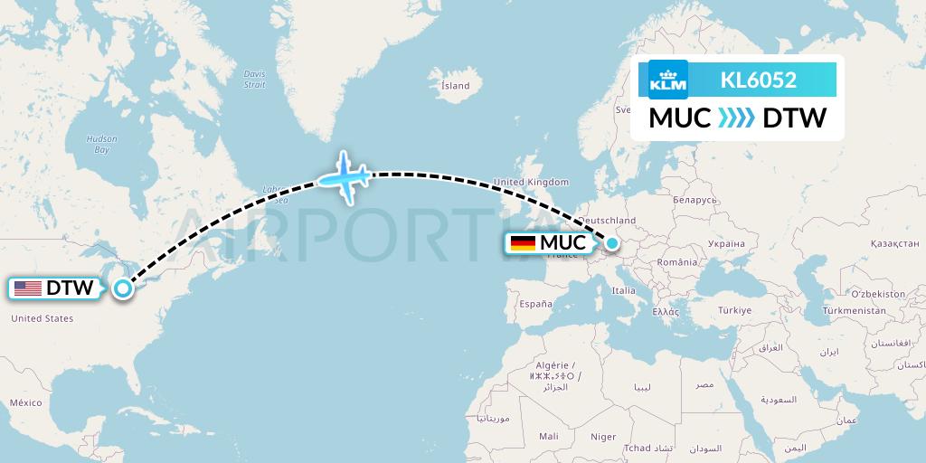 KL6052 KLM Flight Map: Munich to Detroit