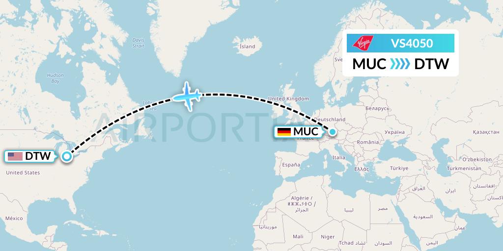 VS4050 Virgin Atlantic Airways Flight Map: Munich to Detroit