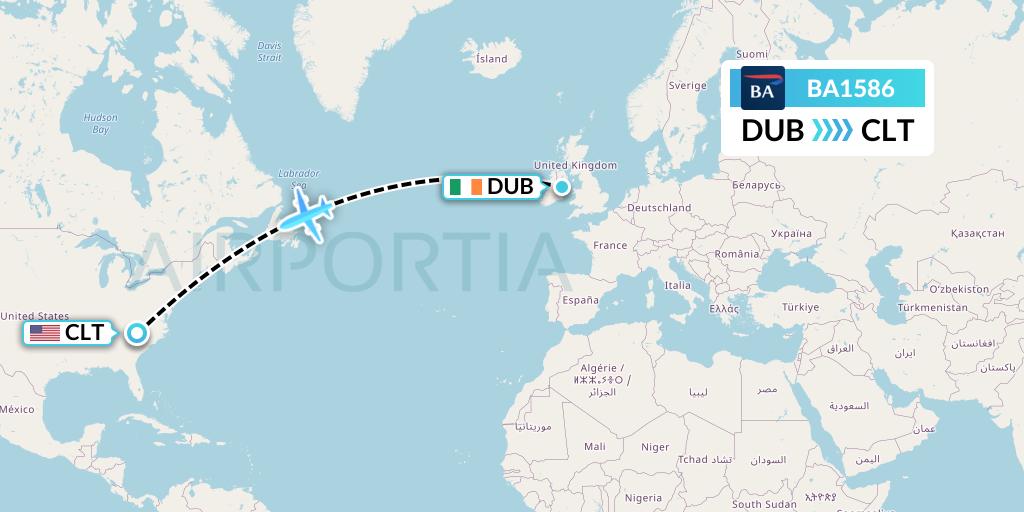 BA1586 British Airways Flight Map: Dublin to Charlotte
