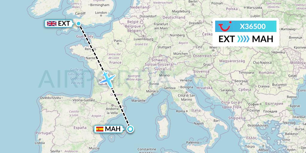 X36500 TUI fly Germany Flight Map: Exeter to Mahon