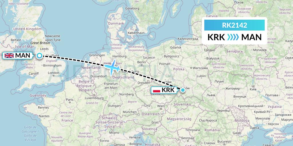 RK2142 Ryanair UK Flight Map: Krakow to Manchester