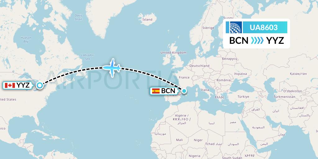 UA8603 United Airlines Flight Map: Barcelona to Toronto