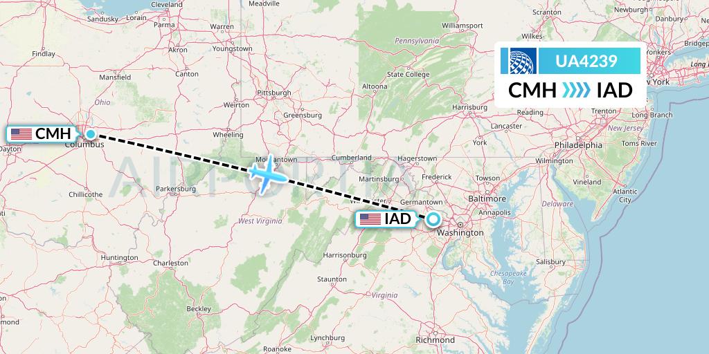 UA4239 United Airlines Flight Map: Columbus to Washington