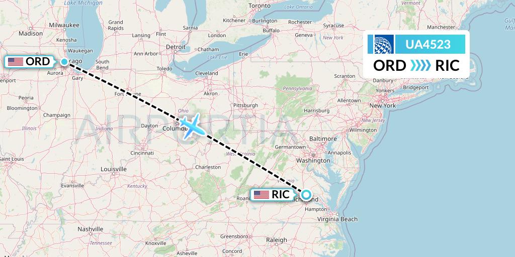 UA4523 United Airlines Flight Map: Chicago to Richmond