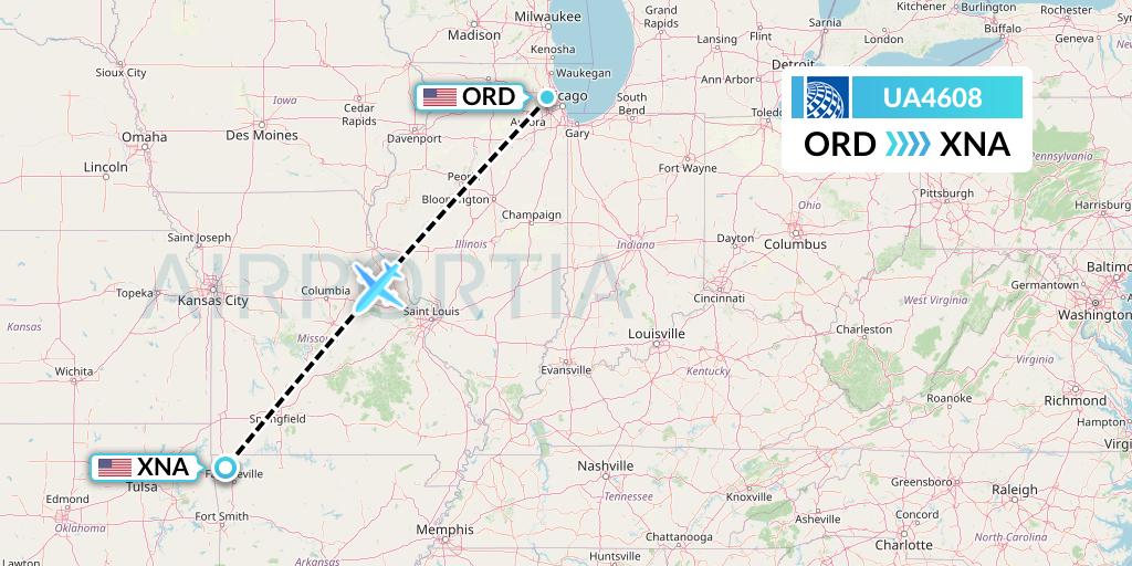 UA4608 United Airlines Flight Map: Chicago to Bentonville